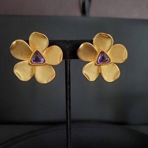 Carolina Herrera Gold and Purple Flower Earrings